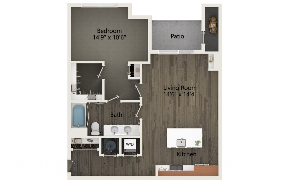 A1A - 1 bedroom floorplan layout with 1 bath and 789 square feet.