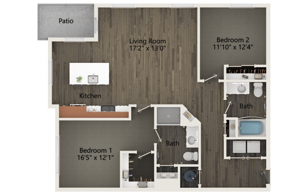 B2A - 2 bedroom floorplan layout with 2 baths and 1093 square feet.