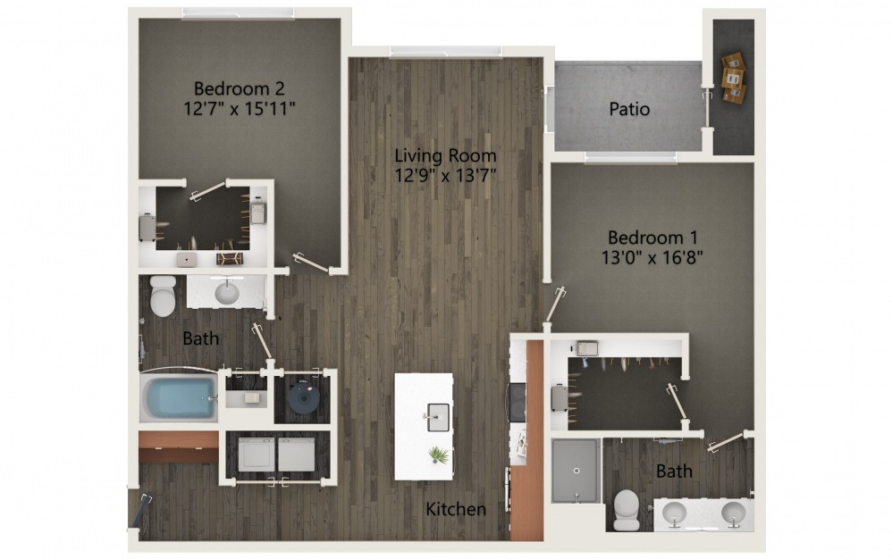 B2B - 2 bedroom floorplan layout with 2 baths and 1097 square feet.