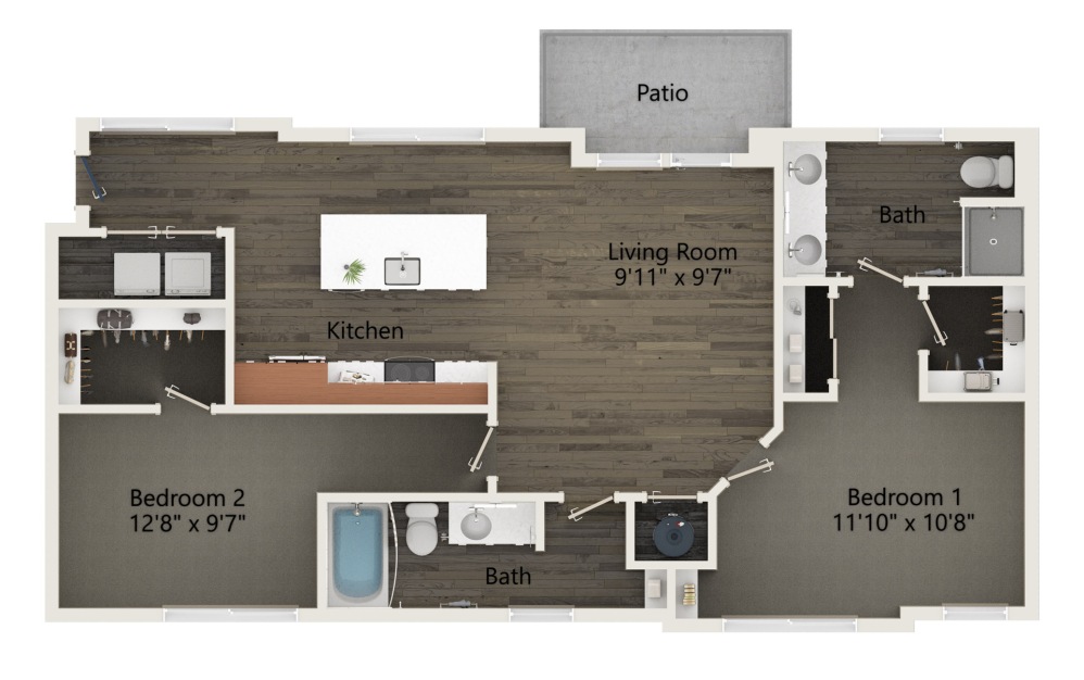 B2C - 2 bedroom floorplan layout with 2 bathrooms and 1125 square feet