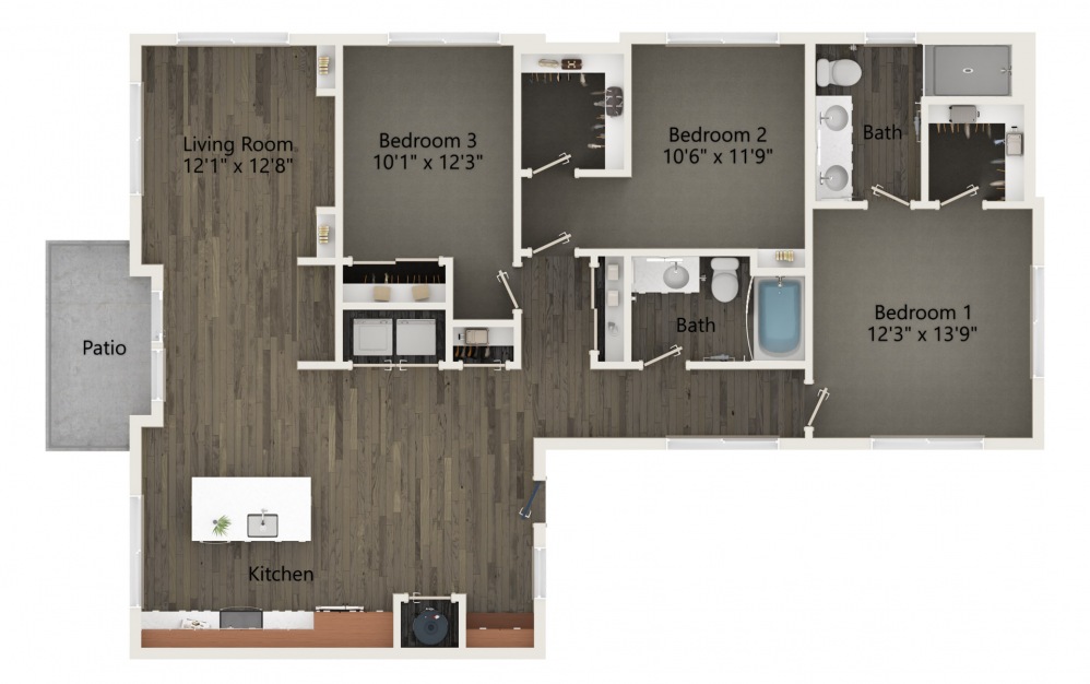 C2A - 3 bedroom floorplan layout with 2 baths and 1496 square feet.