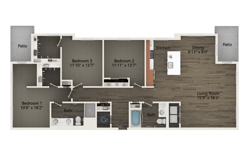 C2B - 3 bedroom floorplan layout with 2 bathrooms and 1528 square feet